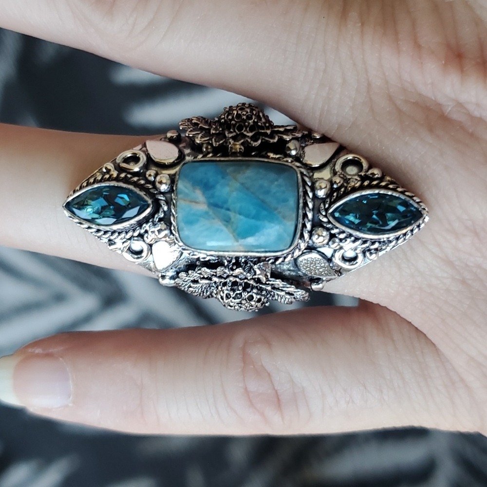 New Neon Blue Apatite and Blue Topaz 925 Silver Statement Ring.